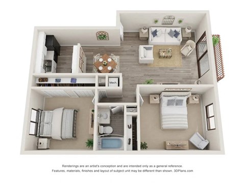 Floor plan for 2 beds, 1 bath, 900 sqft